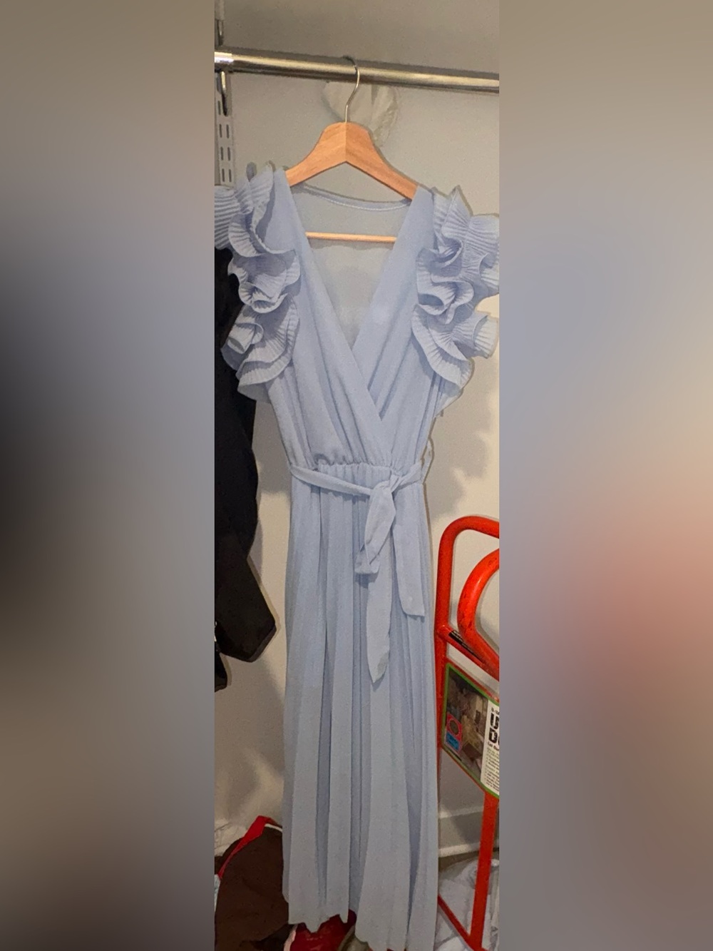 Sky Blue Ruffle Sleeve Wrap Maxi Dress with Self-Tie Waist